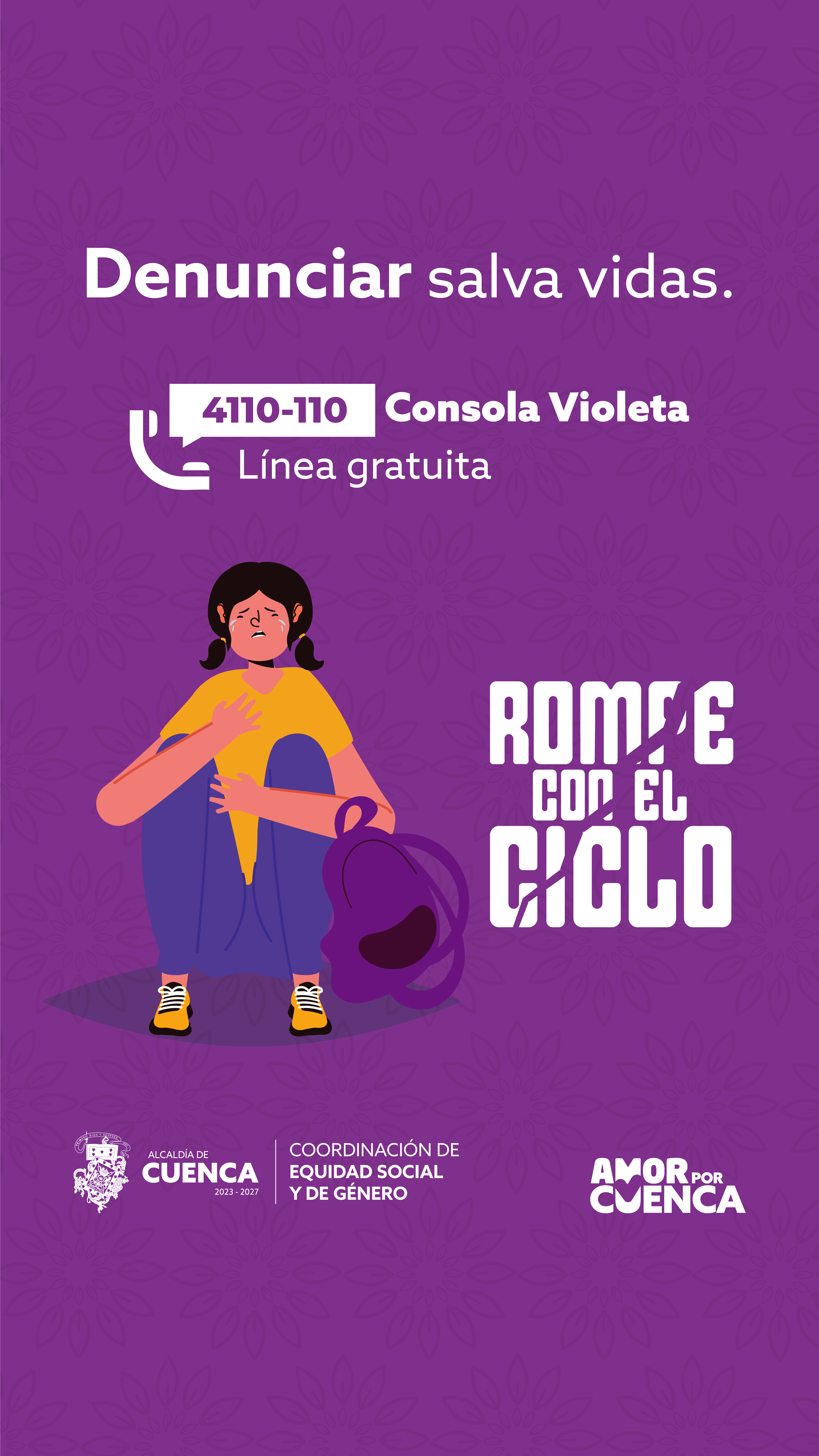 No permitas que la violencia contra mujeres y niñas se convierta en "un comportamiento normal".  Ignorar un grito, un golpe o una amenaza solo perpetúa el ciclo.  Si eres testigo o sufres de agresiones físicas, verbales o psicológicas, denuncia. Tu voz puede ser la herramienta que salve una vida, contáctate con la Consola Violeta llamando al 4110-110.  #AmorPorCuenca ❤️💛  #CuencaLuchaContraLaViolencia 💜  #FondoVioleta