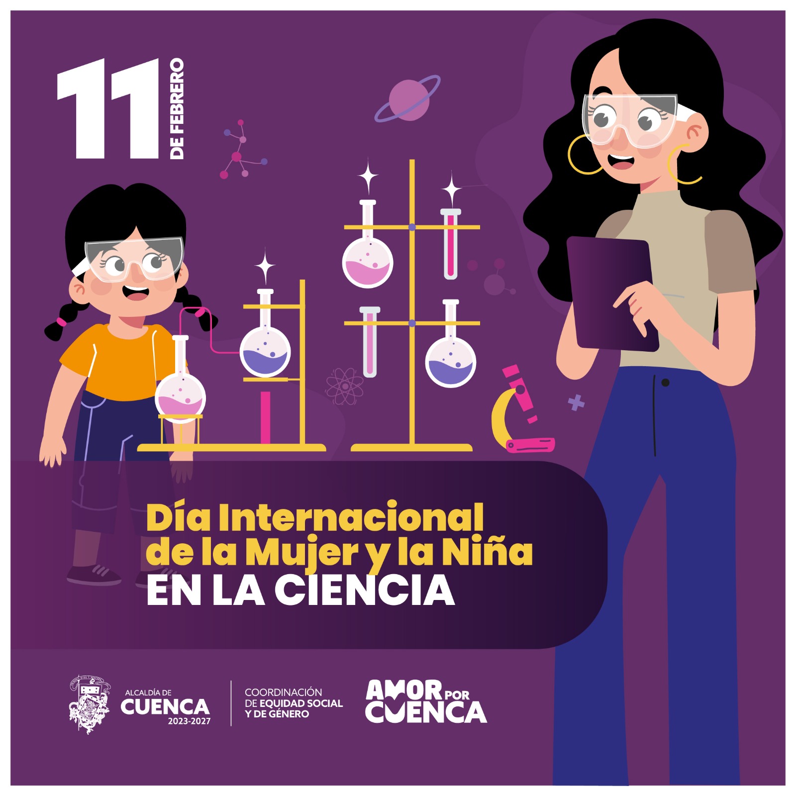 Día Internacional de la Mujer y la Niña en la Ciencia. Las mujeres han contribuido notablemente en el avance de la ciencia. Un reconocimiento especial para ellas que día a día aportan en la comunidad científica y tecnológica desempeñando un papel clave en la sociedad. #AmorPorCuenca 💛❤️ #CuencaLuchaContraLaViolencia 💜 #FondoVioleta