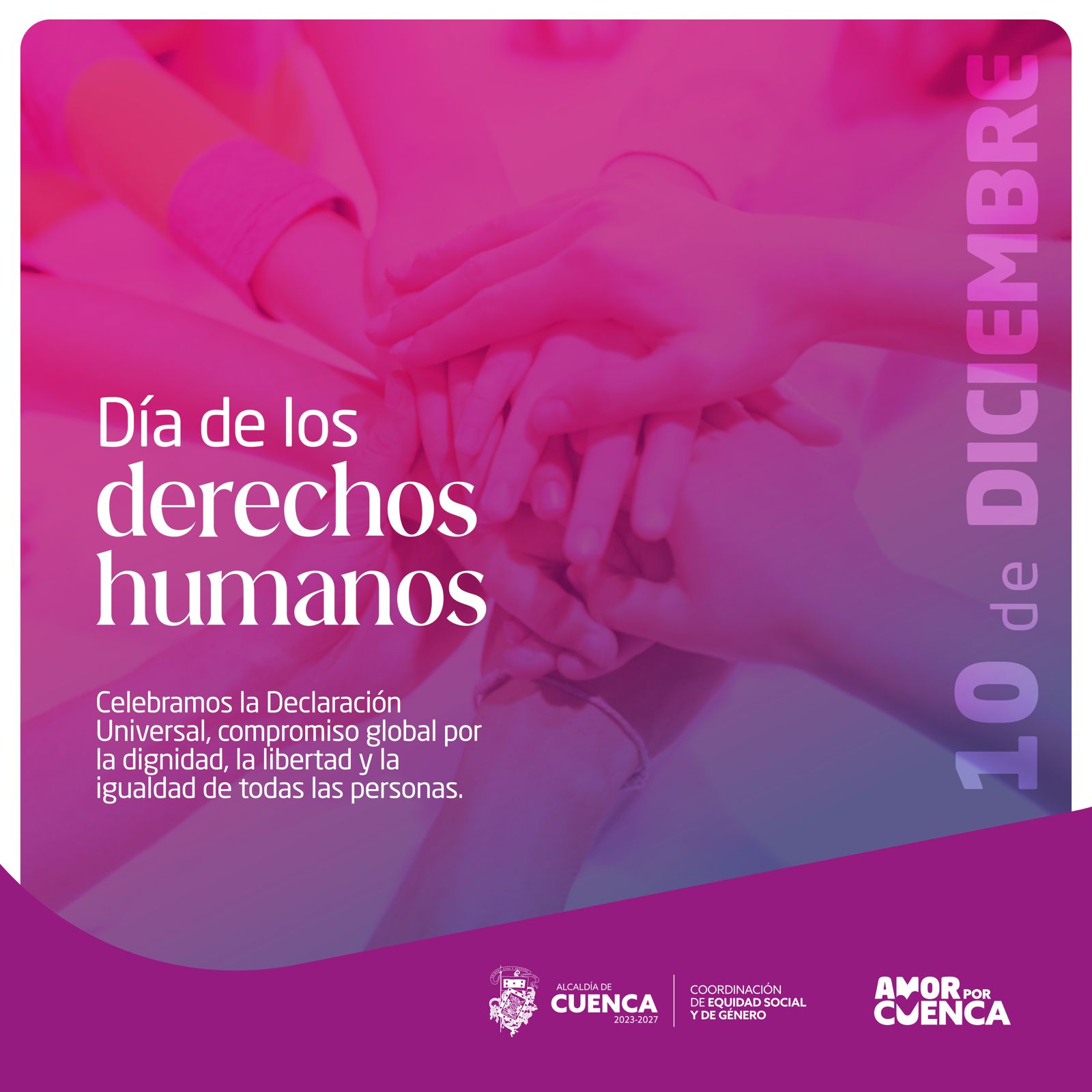 En el Día de los Derechos Humanos, recordamos que un derecho no es algo que alguien te da, es algo que nadie te puede quitar.  Sigamos trabajando por un mundo donde la igualdad y la justicia sean para todas y todos, sin excepción. #CuencaLuchaContraLaViolencia 💜 #AmorPorCuenca ❤️💛 #FondoVioleta