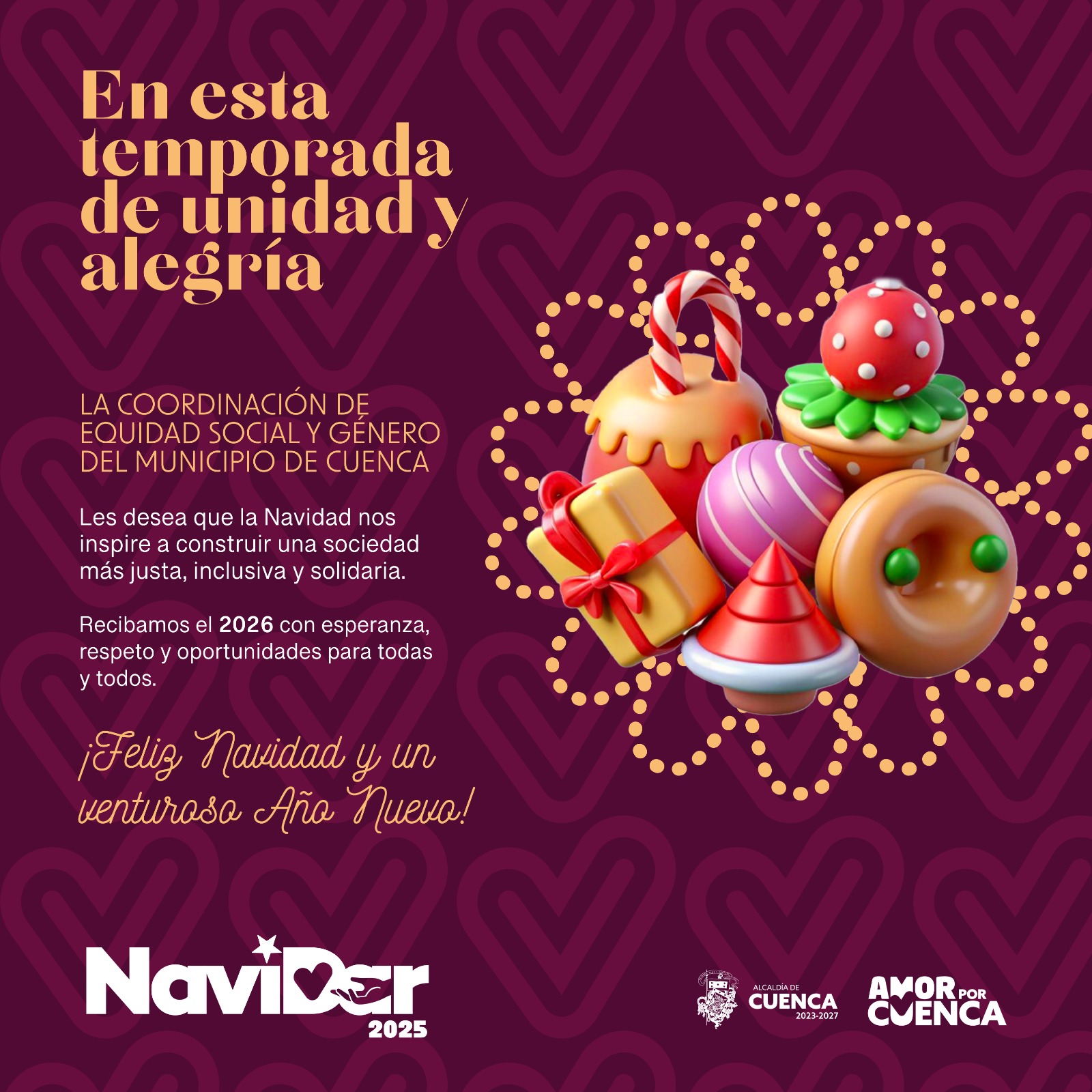 Feliz Navidad y un venturoso Año Nuevo. #AmorPorCuenca ❤️💛 #FondoVioleta 💜