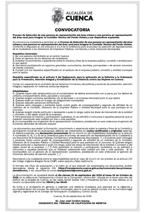 📢 Convocatoria Abierta:  Sé parte de la Comisión Técnica del Fondo Violeta. Invitamos a la ciudadanía a postularse en el proceso de selección para la designación de los representantes de la sociedad civil ante la Comisión Técnica del Fondo Violeta, con sus respectivos suplentes. Buscamos asegurar una representación democrática: - Una persona en representación del área urbana (Principal y Suplente) - Una persona en representación del área rural (Principal y Suplente) #CuencaNosUne ❤️💛 