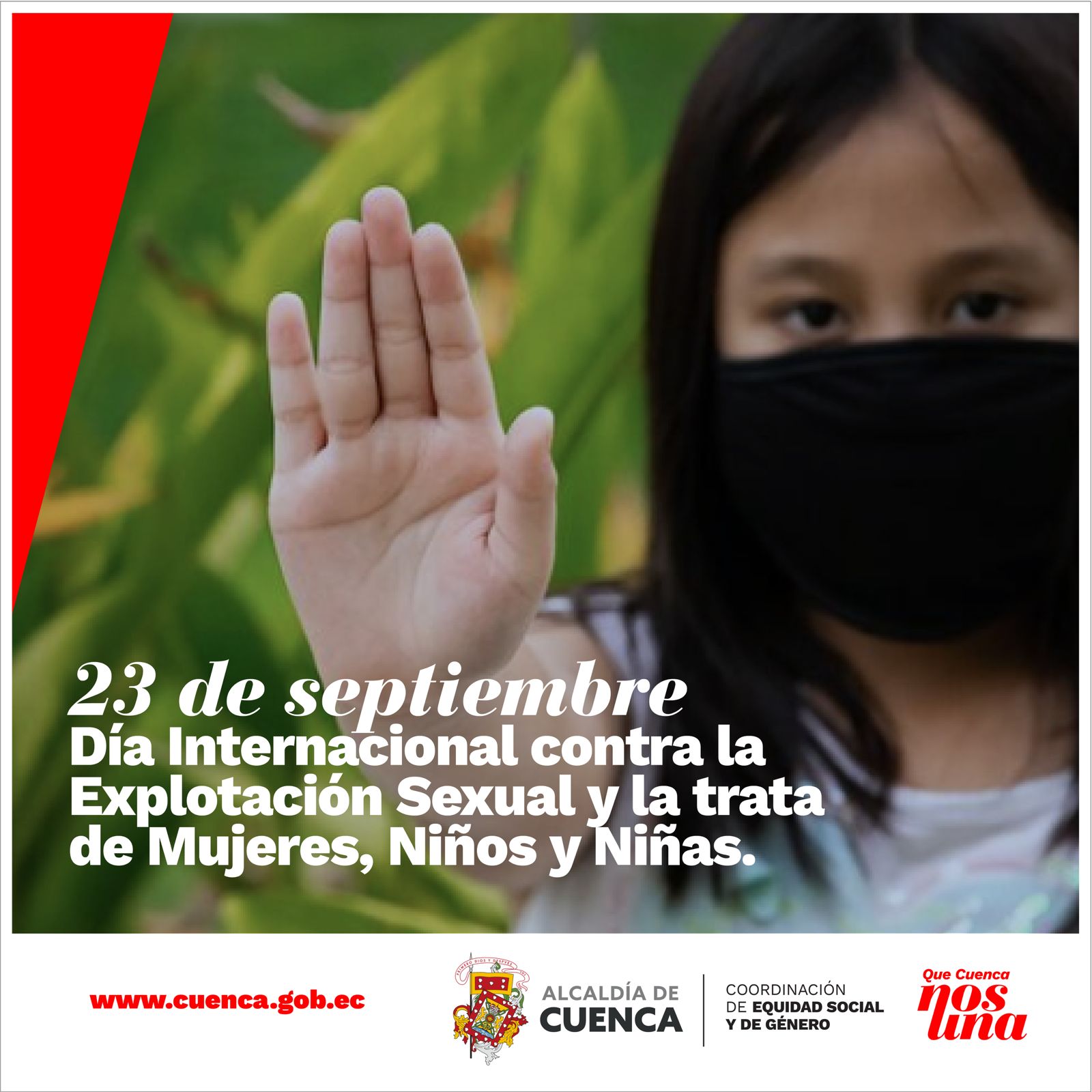 Hoy, 23 de septiembre, conmemoramos el Día Internacional contra la Explotación Sexual y la Trata de Mujeres, Niñas y Niños. Este delito, considerado una de las formas más crueles de la esclavitud moderna, vulnera la dignidad, libertad y derechos fundamentales de millones de personas en todo el mundo, afectando de manera desproporcionada a las mujeres y a la infancia. Rompamos las redes de explotación. #QueCuencaNosUna ❤️💛  Marisol Peñaloza Bacuilima - Alcaldesa Subrogante de Cuenca