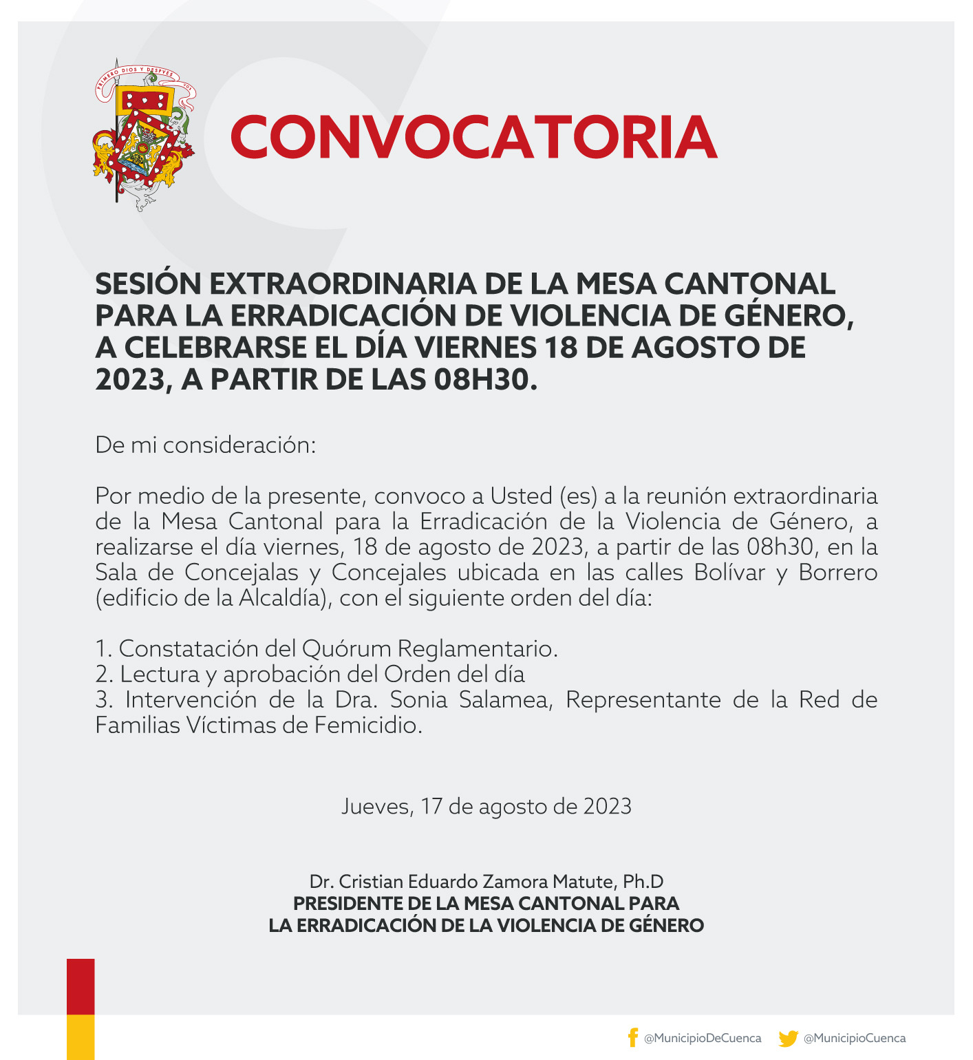 Se convoca a la reunión de la Mesa Cantonal a desarrollarse el 18 de agosto de 2023, con la participación de los y las representantes de instancias que conforman el El Sistema Cantonal Integral para Prevenir y Erradicar la Violencia contra las Mujeres. 