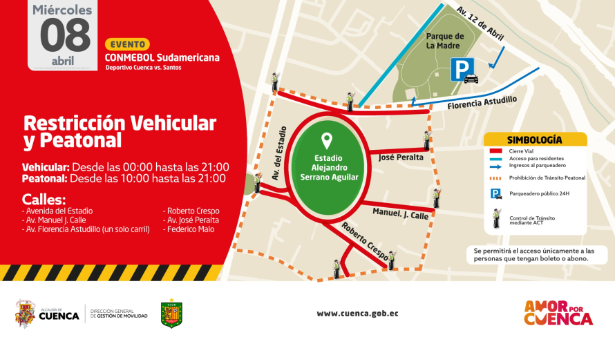 Las diferentes entidades del Municipio de Cuenca preparan su contingente para el partido de la CONMEBOL Sudamericana entre Deportivo Cuenca y Santos de Brasil, previsto para el miércoles 8 de abril, a partir de las 17:00, en el estadio Alejandro Serrano Aguilar.