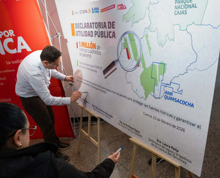 El Alcalde de Cuenca, Cristian Zamora suscribió hoy la resolución de Declaratoria de Utilidad Pública para la adquisición de 1’052.897 metros cuadrados de páramo ubicados en un predio estratégico en la cuenca del Yanuncay, con el objetivo de proteger las áreas de recarga hídrica y garantizar el abastecimiento de agua para Cuenca.