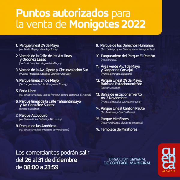 16 puntos autorizados por la Alcaldía de Cuenca para venta de monigotes y caretas