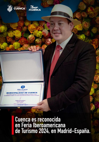 En la Feria Iberoamericana de Turismo (FITUR) 2024, el alcalde de Cuenca, Cristian Zamora recibió a nombre de la ciudad, el reconocimiento de parte de Zurag Pololikashvili, secretario General de ONU Turismo, por el  compromiso de la  Municipalidad, con la sostenibilidad ambiental, económica, social y su apuesta por el turismo como fuerza transversal para beneficio de las comunidades.