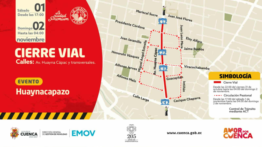 El Municipio de Cuenca, a través de la Dirección de Gestión de Movilidad, la Empresa Pública de Movilidad, Tránsito y Transporte (EMOV EP), Guardia Ciudadana, Áreas Históricas y Patrimoniales, Dirección de Control Municipal, Dirección General de Riesgos, Consejo de Seguridad Ciudadana, Cuerpo de Bomberos y la EMAC-EP, alista su contingente para el “Huaynacapazo”, uno de los eventos centrales de las fiestas de Independencia de la ciudad.