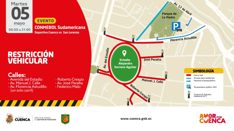El Municipio de Cuenca, a través de la Dirección de Gestión de Movilidad, alista el plan operativo por el partido de la CONMEBOL Sudamericana entre Deportivo Cuenca y San Lorenzo, que se disputará este martes 5 de mayo, desde las 21:00, en el estadio Alejandro Serrano Aguilar.