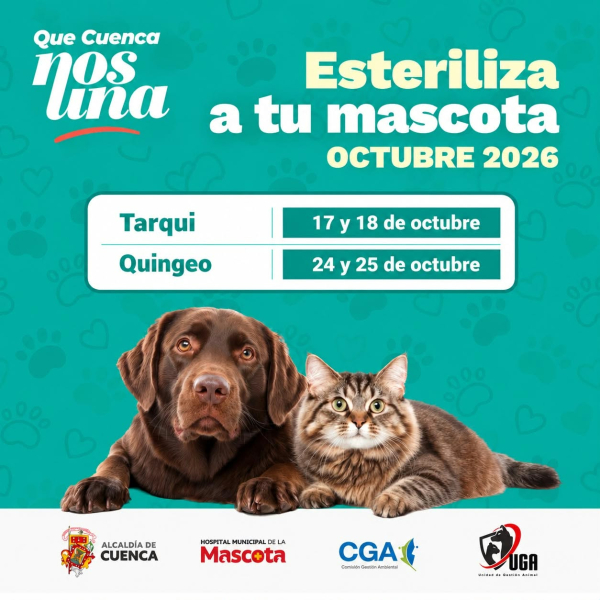La Alcaldía de Cuenca, a través de la Comisión de Gestión Ambiental (CGA), el Hospital Municipal de la Mascota y la Unidad de Gestión Animal (UGA), promueve jornadas de esterilización para fomentar la tenencia responsable y el bienestar de perros y gatos.